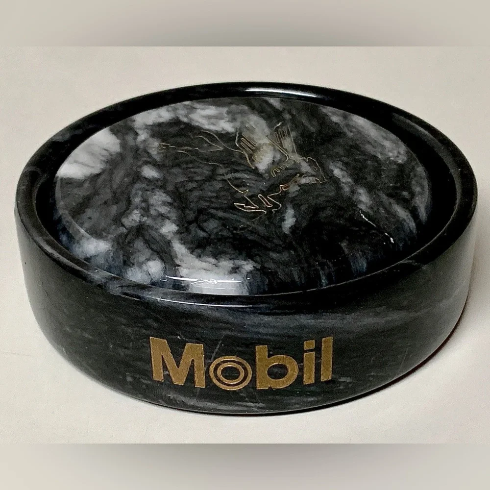 Vintage Executive Set of 2 Black Marble MOBIL Pegasus Logo Drink Coasters
